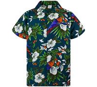 King Kameha Mens Vintage-Hawaiian-Shirt Casual-Short-Sleeve Button-Down Bird-Designs, Cherry-Parrot, Petrol-Green, L