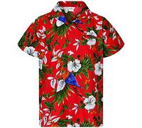 King Kameha Mens Vintage-Hawaiian-Shirt Casual-Short-Sleeve Button-Down Bird-Designs, Cherry-Parrot, Red, XS