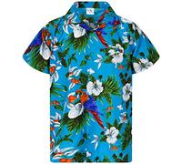 King Kameha Mens Vintage-Hawaiian-Shirt Casual-Short-Sleeve Button-Down Bird-Designs, Cherry-Parrot, Turquoise, XS