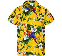 King Kameha Mens Vintage-Hawaiian-Shirt Casual-Short-Sleeve Button-Down Bird-Designs, Cherry-Parrot, Yellow, S