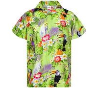King Kameha Mens Vintage-Hawaiian-Shirt Casual-Short-Sleeve Button-Down Bird-Designs, Parrot-Cockatoo, Light-Green, S