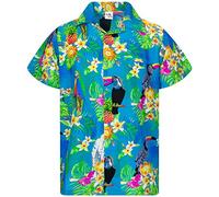 King Kameha Mens Vintage-Hawaiian-Shirt Casual-Short-Sleeve Button-Down Bird-Designs, Parrot-Cockatoo, Turquoise, M