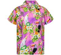 King Kameha Mens Vintage-Hawaiian-Shirt Casual-Short-Sleeve Button-Down Bird-Designs, Parrot-Cockatoo, Light-Pink, XXL