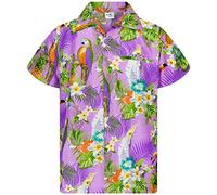 King Kameha Mens Vintage-Hawaiian-Shirt Casual-Short-Sleeve Button-Down Bird-Designs, Parrot-Cockatoo, Light-Purple, M