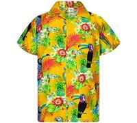 King Kameha Mens Vintage-Hawaiian-Shirt Casual-Short-Sleeve Button-Down Bird-Designs, Parrot-Cockatoo, Yellow, L