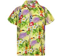 King Kameha Mens Vintage-Hawaiian-Shirt Casual-Short-Sleeve Button-Down Bird-Designs, Parrot-Cockatoo, Light-Yellow, S