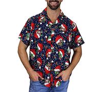 King Kameha Original Funky Hawaiian Shirt Men's XS - 6XL Short Sleeve Front Pocket Hawaiian Print Christmas Santa Christmas Eve Various Designs, Christmas flyinghats-Blue, M