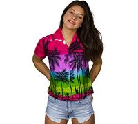 King Kameha Women Ugly-Blouse-Shirt Regular Button-Down Short-Sleeve, JK-Beach, Pink, XL