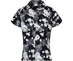 King Kameha Women's Blouse-Shirt Short-Sleeve Casual-Button-Down Hawaii-Vacation Pineapple-Flowers Fruity-Aloha