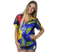 King Kameha Women's Floral-Blouse-Shirts Hawaiian-Style Short-Sleeve Casual, Big-Flower, Dark-Blue, XXL