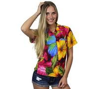 King Kameha Women's Floral-Blouse-Shirts Hawaiian-Style Short-Sleeve Casual, Big-Flower, Pink, XS