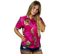King Kameha Women's Floral-Blouse-Shirts Hawaiian-Style Short-Sleeve Summer Casual, Small-Flower, Magenta-Pink, M