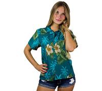 King Kameha Women's Floral-Blouse-Shirts Hawaiian-Style Short-Sleeve Summer Casual, Small-Flower, Petrol-Green, XXL