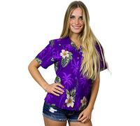 King Kameha Women's Floral-Blouse-Shirts Hawaiian-Style Short-Sleeve Summer Casual, Small-Flower, Purple, S