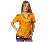 King Kameha Women's Floral-Blouse-Shirts Hawaiian-Style Short-Sleeve Summer Casual, Small-Flower, Yellow, XXL
