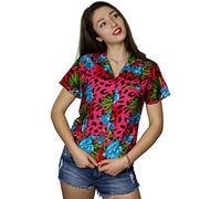 King Kameha Women's Regular-Fit Hawaiian-Blouse-Shirt Casual, Leopard-Flowers, Red, XS