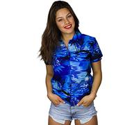 King Kameha Women's Surf-Blouse-Shirt Short-Sleeve Casual-Button-Down Hawaii-Vacation, Surf, Mono-Blue, 6XL