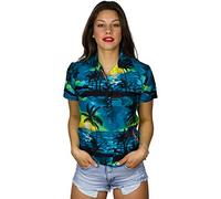 King Kameha Women's Surf-Blouse-Shirt Short-Sleeve Casual-Button-Down Hawaii-Vacation, Surf, Petrol-Green, 6XL