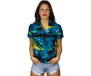 King Kameha Women's Surf-Blouse-Shirt Short-Sleeve Casual-Button-Down Hawaii-Vacation, Surf, Petrol-Green, M
