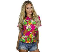 King Kameha Womens Vintage-Hawaiian-Blouse-Shirt Casual-Short-Sleeve Button-Down, Parrot-Cockatoo, Pink, L