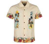 King Kerosin Men's Hawaiian Shirt | Hula Girl | Hibiscus | Rockabilly | Short Sleeve Shirt | Vintage Honolulu Hawaii, Ecru, M