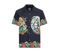 King Kerosin Men's Hawaiian Shirt Rockabilly Clippership Pin-Up Tattoo Style Mermaid Vintage Retro 50S Style Organic Cotton Oldschool Homeward Bound, black, XXXX-Large