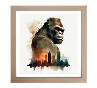 King Kong Watercolour Framed Print | 18x18 Inch Oak Framed Wall Art | Ready to Hang | Modern Historical Picture | Living Room Bedroom Lounge Office