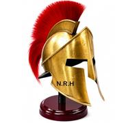 King Leonidas Spartan Helmet with Red Plume - Ancient Gr orinthian Armor Replica in Brass Finish with Wooden Stand for LARP, Cosplay, Renaissance Fairs, Halloween, historical reenactment