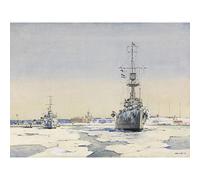 King Libau Harbour Destroyer Caledon WWI War Painting Premium Wall Art Canvas Print 18X24 Inch
