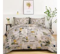 King Lightweight Soft Duvet 220 x 240 cm, Abstract Geometric Square Theme Breathable Cosy Quilt - Light Gray Print Fade Resistant Machine Washable Comforter Set with 2 Pillowcases 50 x 75 cm