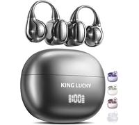 King Lucky i121 Open Ear Wireless Bluetooth 5.4 Clip-on Earbuds with Mic, 50H Playtime, Waterproof, Comfortable for Small Ears&Glasses Wearers, for Workouts (LED digital display, Black)
