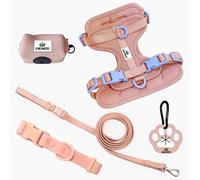 King Macks Dog Harness Set with Collar and Leash, Waste Bag Holder and Dirty Waste Bag Clip, Adjustable for Small/Medium/Large Dogs, Lightweight (Pink Sands with Blue, Medium)