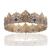 King Men Gold Tiara Crown Imperial Medieval Headband Crystal Pageant Costumes For Wedding Halloween Faire Birthday (Dark Gold With Blue Stone)