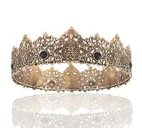King Men Golden Tiara Crown Imperial Medieval Headband Crystal Pageant Costumes for Wedding Halloween Faire Birthday (Dark Gold with Black Stone)