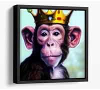 King Monkey with a Gold Crown Canvas Floater Frame Square Print Picture Art - Black Frame 20 inch wide x 20 inch high