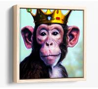 King Monkey with a Gold Crown Canvas Floater Frame Square Print Picture Art - Light Oak Frame 20 inch wide x 20 inch high