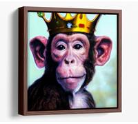 King Monkey with a Gold Crown Canvas Floater Frame Square Print Picture Art - Walnut Frame 12 inch wide x 12 inch high