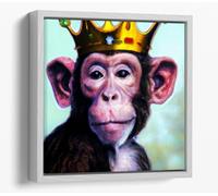 King Monkey with a Gold Crown Canvas Floater Frame Square Print Picture Art - White Frame 30 inch wide x 30 inch high