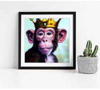 King Monkey with a Gold Crown Stunning Framed Wall Art Picture Print Square - 25cm wide x 25cm high - Black Frame