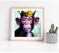 King Monkey with a Gold Crown Stunning Framed Wall Art Picture Print Square - 25cm wide x 25cm high - Light Oak Frame