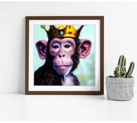King Monkey with a Gold Crown Stunning Framed Wall Art Picture Print Square - 35cm wide x 35cm high - Walnut Frame