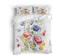 King Multi-colored Flowers Bedding Set Ultra-Soft Microfiber Duvet Cover Set 3Pcs - 230x220cm + 2 Pillowcases 50x75cm - Plant 3D Printed Design with Zip Closure & Corner Ties