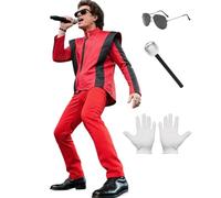 King of Pop Costume for Men Kids, 80s Fancy Dress Red Jacket Musician Retro Rap Pop Adult Outfit with Microphone Sunglasses Halloween Costume for Boys Men (Adult, XL)