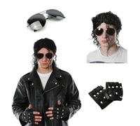 King of Pop Leather Look Jacket Costume with Glasses, Wig & Studded Gloves - 80s Icon Fancy Dress for Adults - Halloween Outfit, Cosplay, Bad Tribute Act Costume - Small