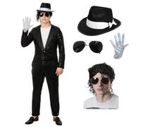 King Of Pop Musician Costume Set - Black Shiny Sequin Tailcoat, Black & White Hat, Curly Jacko Wig, Aviator Glasses, Sequin Glove - Halloween, Fancy Dress, Dance Performance, Pop Icon - XS