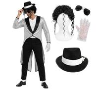 King Of Pop Musician Costume Set - Silver Shiny Sequin Tailcoat, Hat, Curly Jacko Wig, Aviator Glasses, Sequin Glove - Adult MJ Pop Icon Fancy Dress 80s