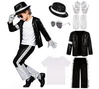 King of Pop Show Dance Costume Set for Boys, 80s Outfit with Black and White Sequin Jacket, Stage Outfit for Moonwalk, Halloween Costume Children, Carnival Costume, Dance Performance, 4 5-11 13 Years