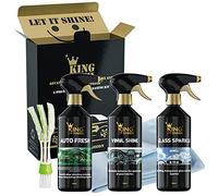 King of Sheen Interior Car Cleaning Kit - Auto Fresh 500ml, Vinyl Shine 500ml and Glass Sparkle 500ml, Professional Glass Microfibre Cloth and Mini Detailing Duster