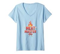 King of The Grill: Smokin' Meats BBQ Royalty V-Neck T-Shirt, Women, Baby Blue, L