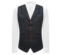 King & Priory Aegean Blue Herringbone Check Waistcoat With Lapel, XL | 44in Chest, Aegean Blue